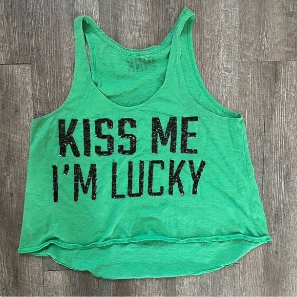 PINK Victoria’s Secret Green Black Sequin Kiss Me I’m Lucky Y2K Tank Top Size L - Picture 3 of 4